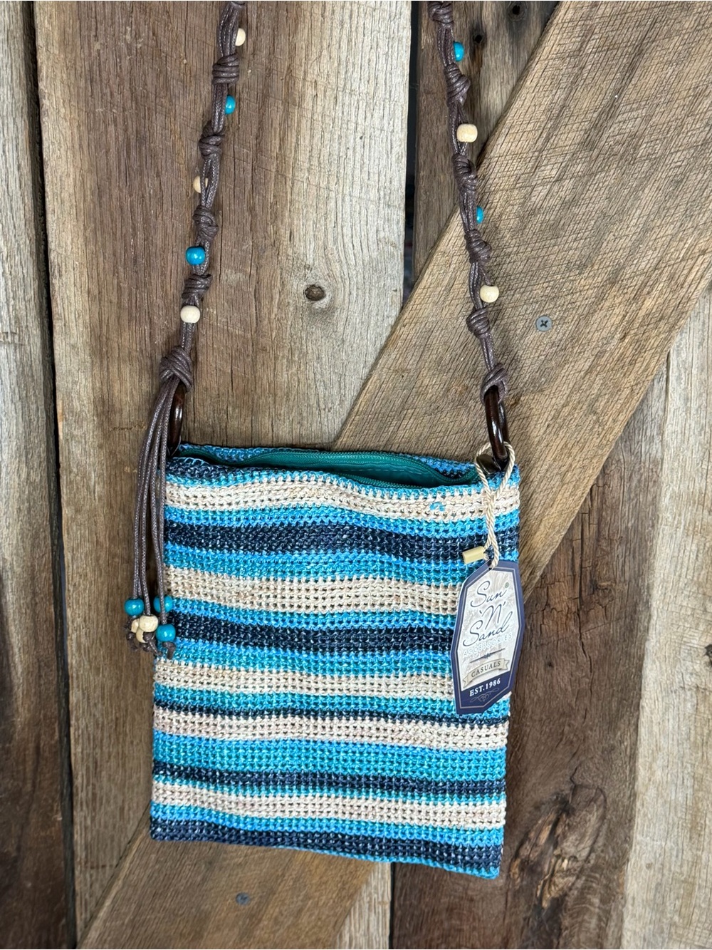 Sun & Sand Woven Eco Friendly Crossbody Bag purse Wood and Leather Adornments
